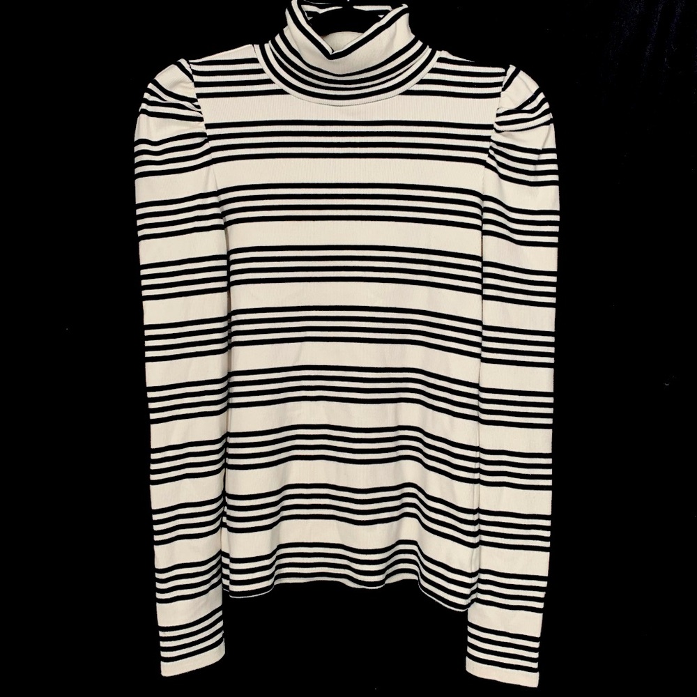 Veronica Beard Black & White Striped Mock Neck Long Sleeve Top